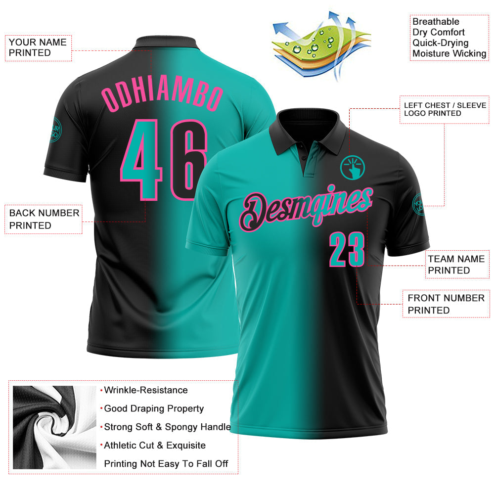 Custom Black Aqua-Pink 3D Gradient Fashion Performance Polo Shirt