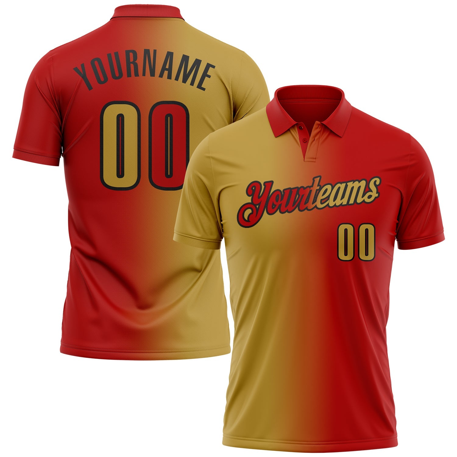 Custom Red Old Gold-Black 3D Gradient Fashion Performance Polo Shirt