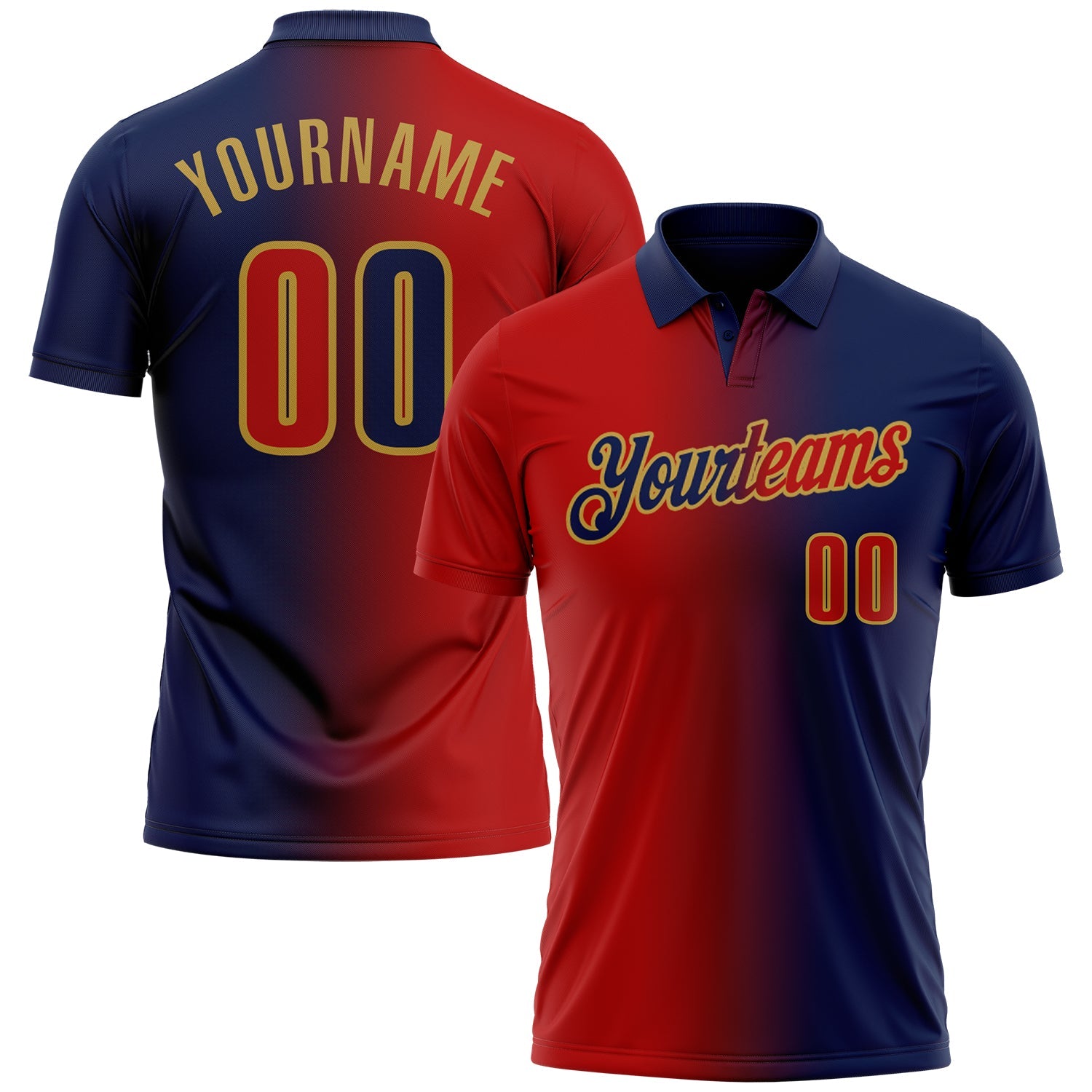 Custom Navy Red-Old Gold 3D Gradient Fashion Performance Polo Shirt