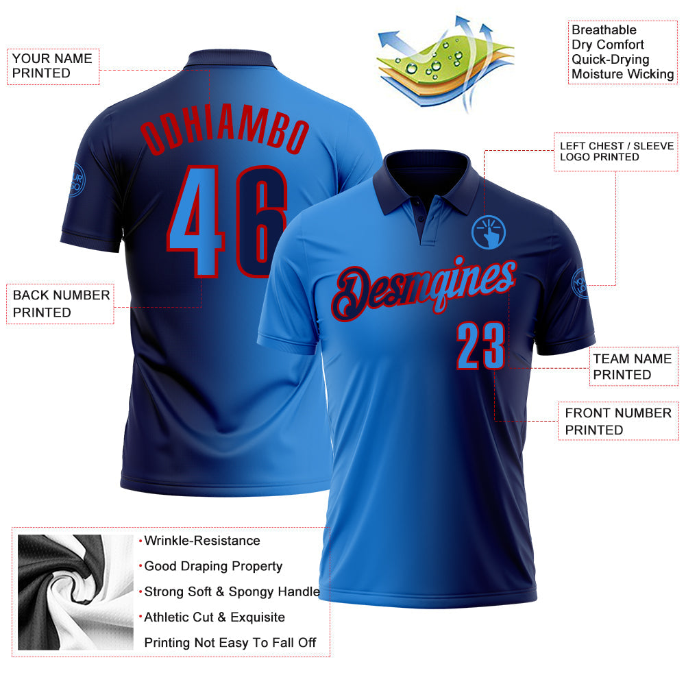 Custom Navy Powder Blue-Red 3D Gradient Fashion Performance Polo Shirt