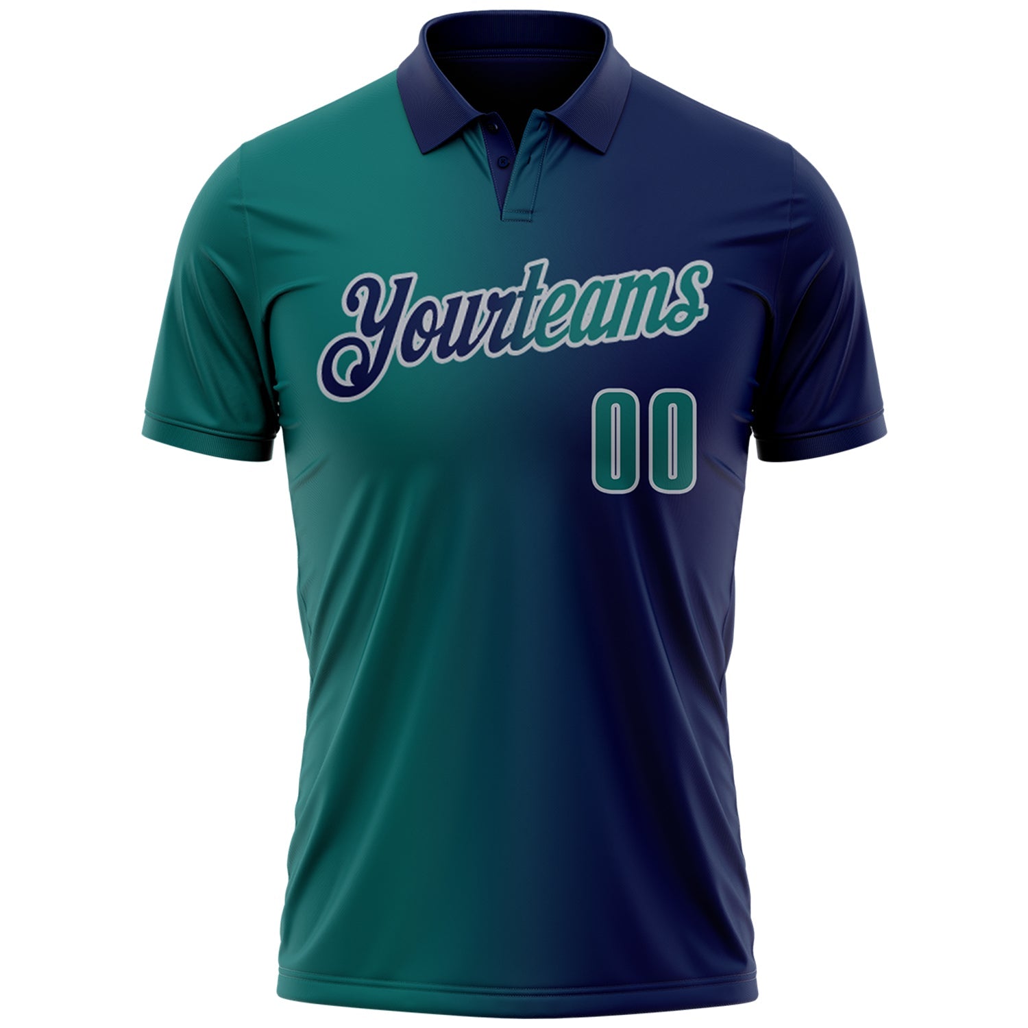 Custom Navy Teal-Gray 3D Gradient Fashion Performance Polo Shirt