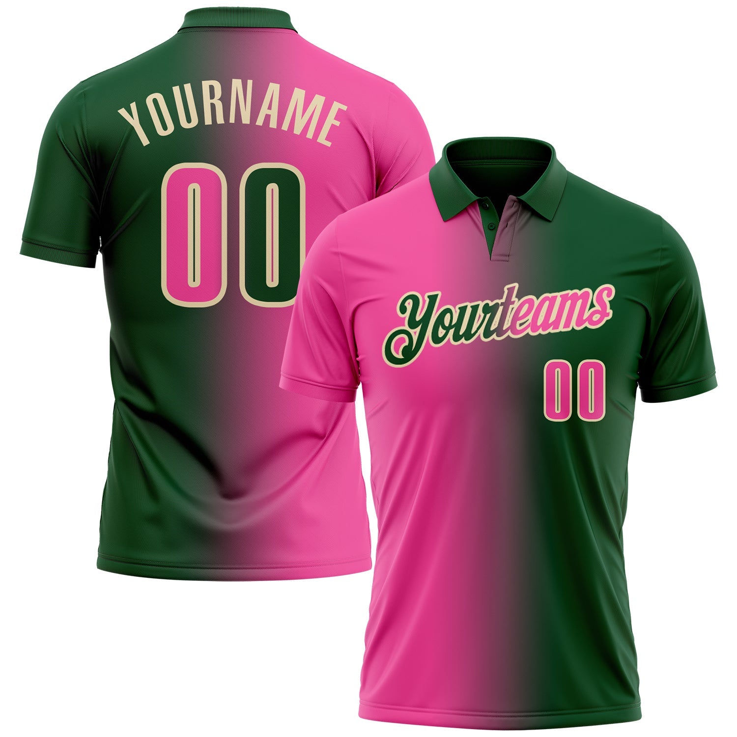 Custom Green Pink-Cream 3D Gradient Fashion Performance Polo Shirt