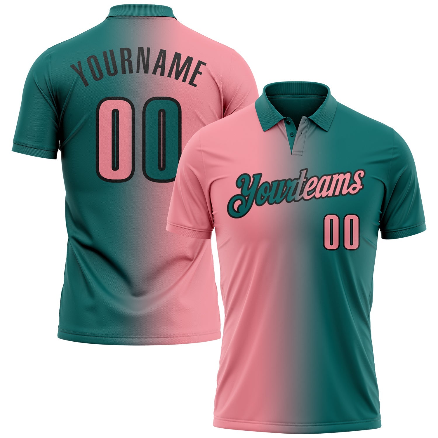 Custom Teal Medium Pink-Black 3D Gradient Fashion Performance Polo Shirt