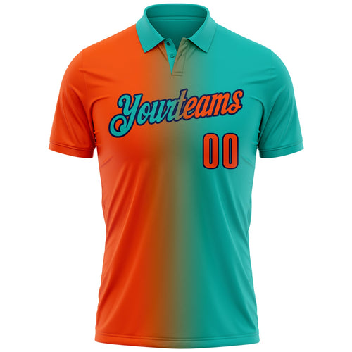 Custom Aqua Orange-Navy 3D Gradient Fashion Performance Polo Shirt