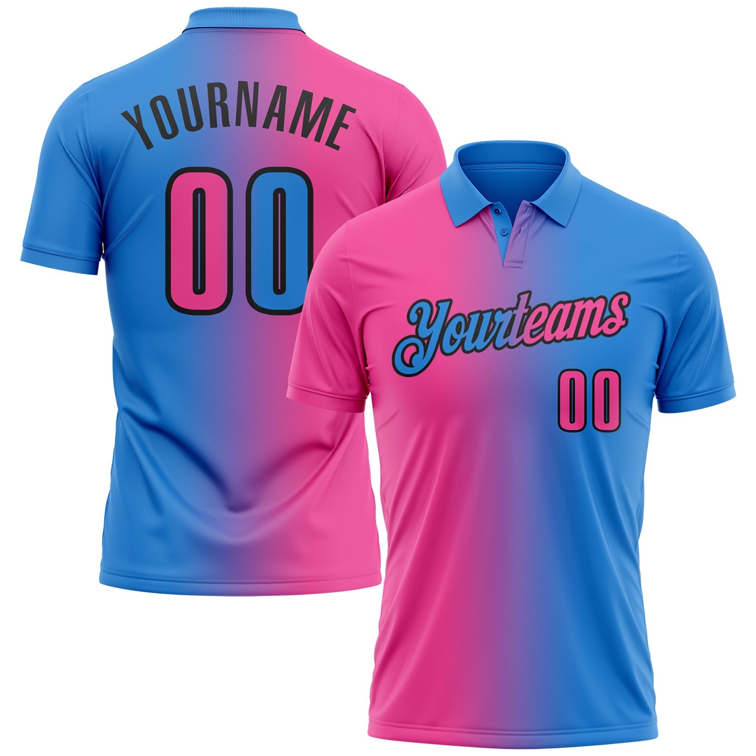 Custom Powder Blue Pink-Black 3D Gradient Fashion Performance Polo Shirt