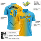 Custom Sky Blue Gold-Black 3D Gradient Fashion Performance Polo Shirt