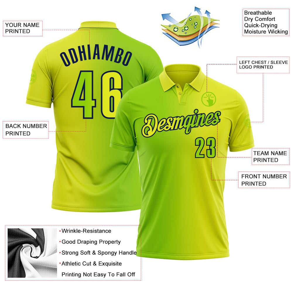 Custom Neon Yellow Neon Green-Navy 3D Gradient Fashion Performance Polo Shirt