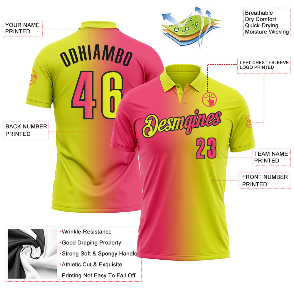 Custom Neon Yellow Neon Pink-Black 3D Gradient Fashion Performance Polo Shirt