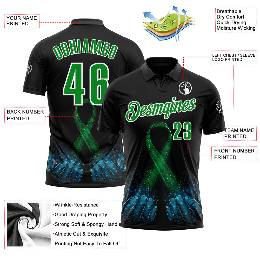 Custom Black Grass Green-White 3D Pattern Design Green Ribbon Liver Cancer Performance Polo Shirt