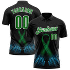 Custom Black Grass Green-White 3D Pattern Design Green Ribbon Liver Cancer Performance Polo Shirt