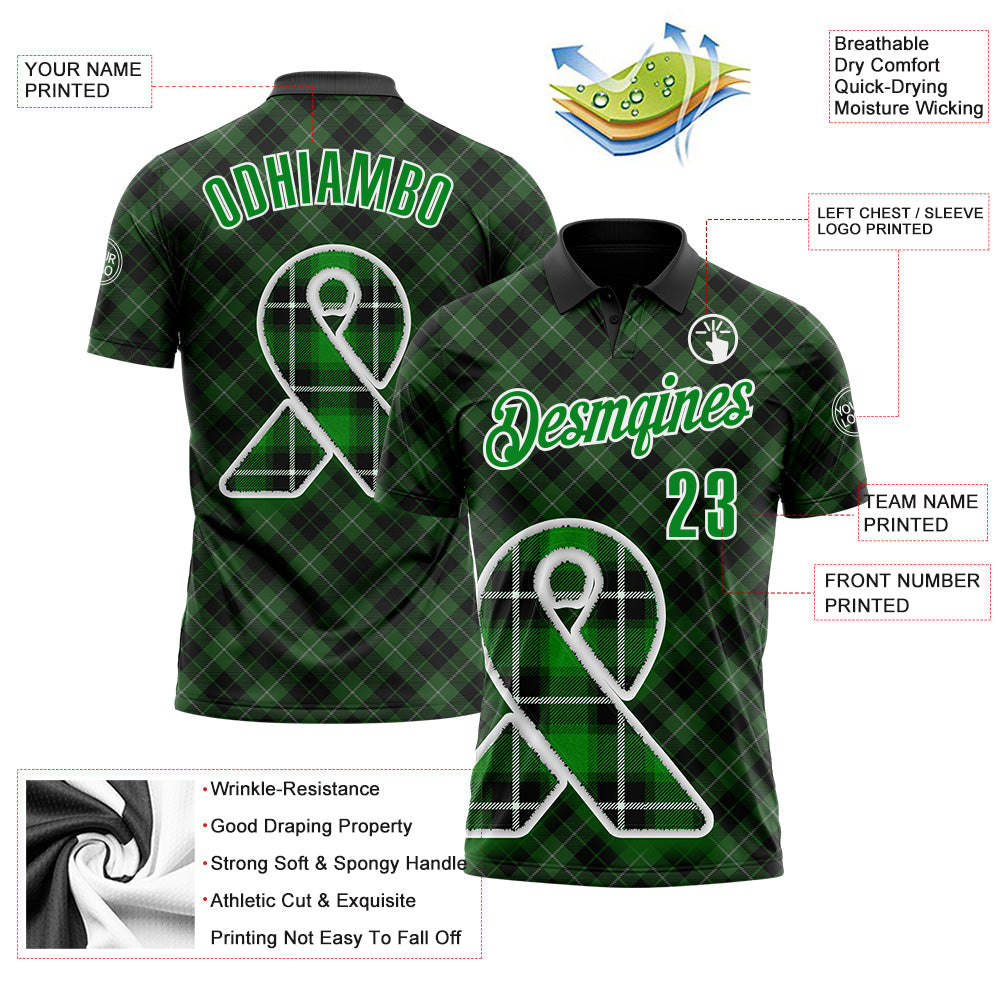 Custom Black Grass Green-White 3D Pattern Design Green Ribbon Liver Cancer Plaid Performance Polo Shirt