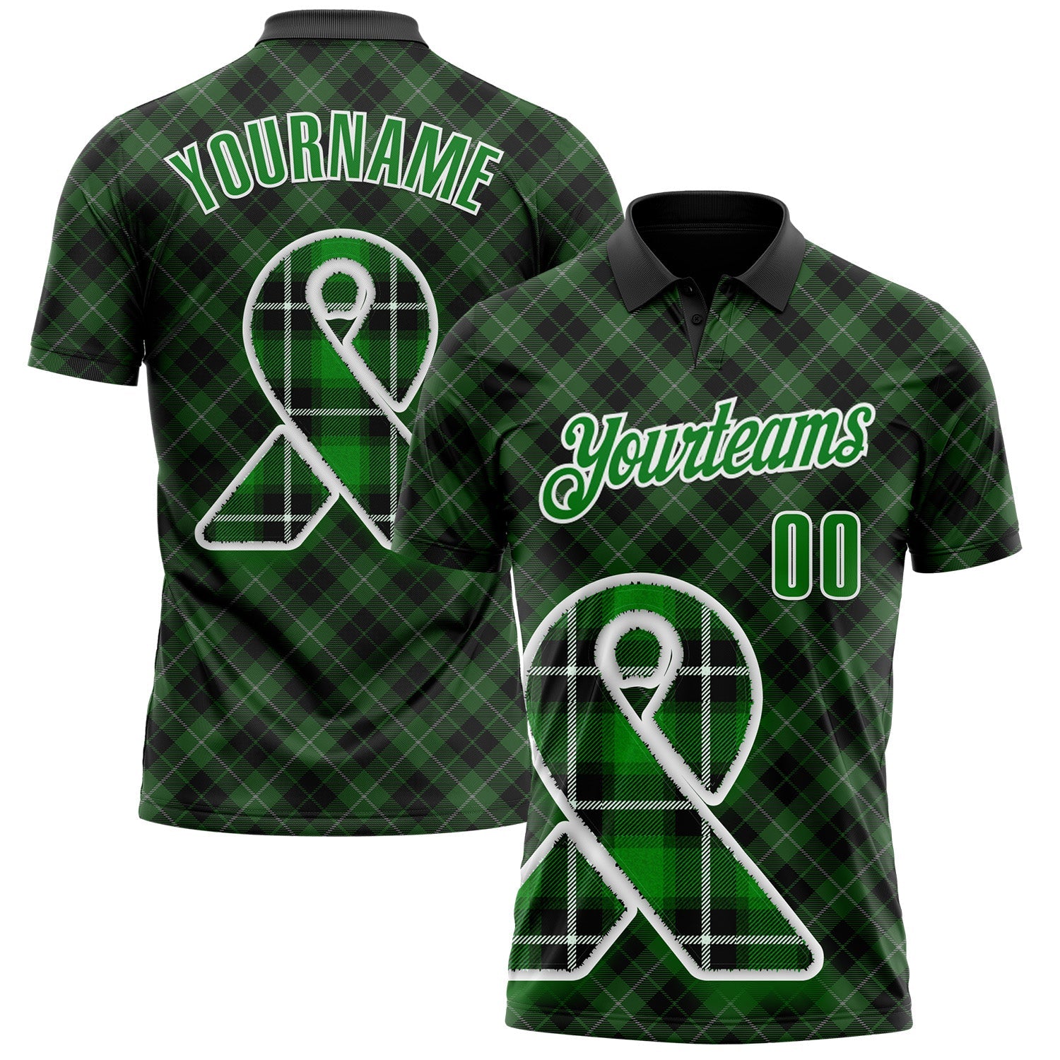 Custom Black Grass Green-White 3D Pattern Design Green Ribbon Liver Cancer Plaid Performance Polo Shirt
