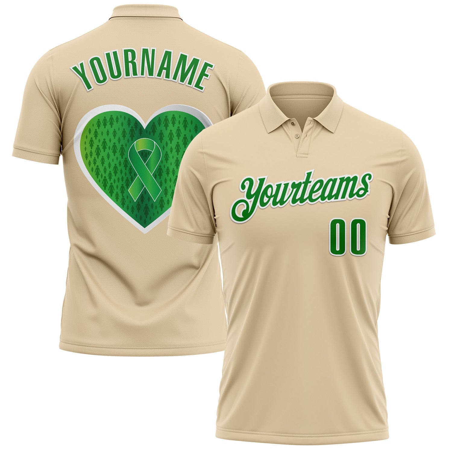 Custom City Cream Grass Green-White 3D Pattern Design Green Ribbon Liver Cancer Heart Performance Polo Shirt