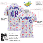 Custom White Purple-Ice Blue 3D Pattern Design Perwinkle Ribbon Gastric Cancer Awareness Hearts Performance Polo Shirt