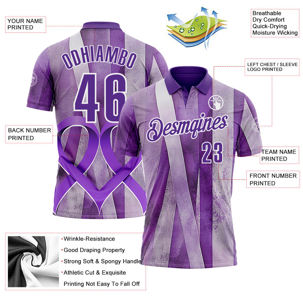 Custom Purple White 3D Pattern Design Purple Ribbon Testicular Cancer Awareness Performance Polo Shirt
