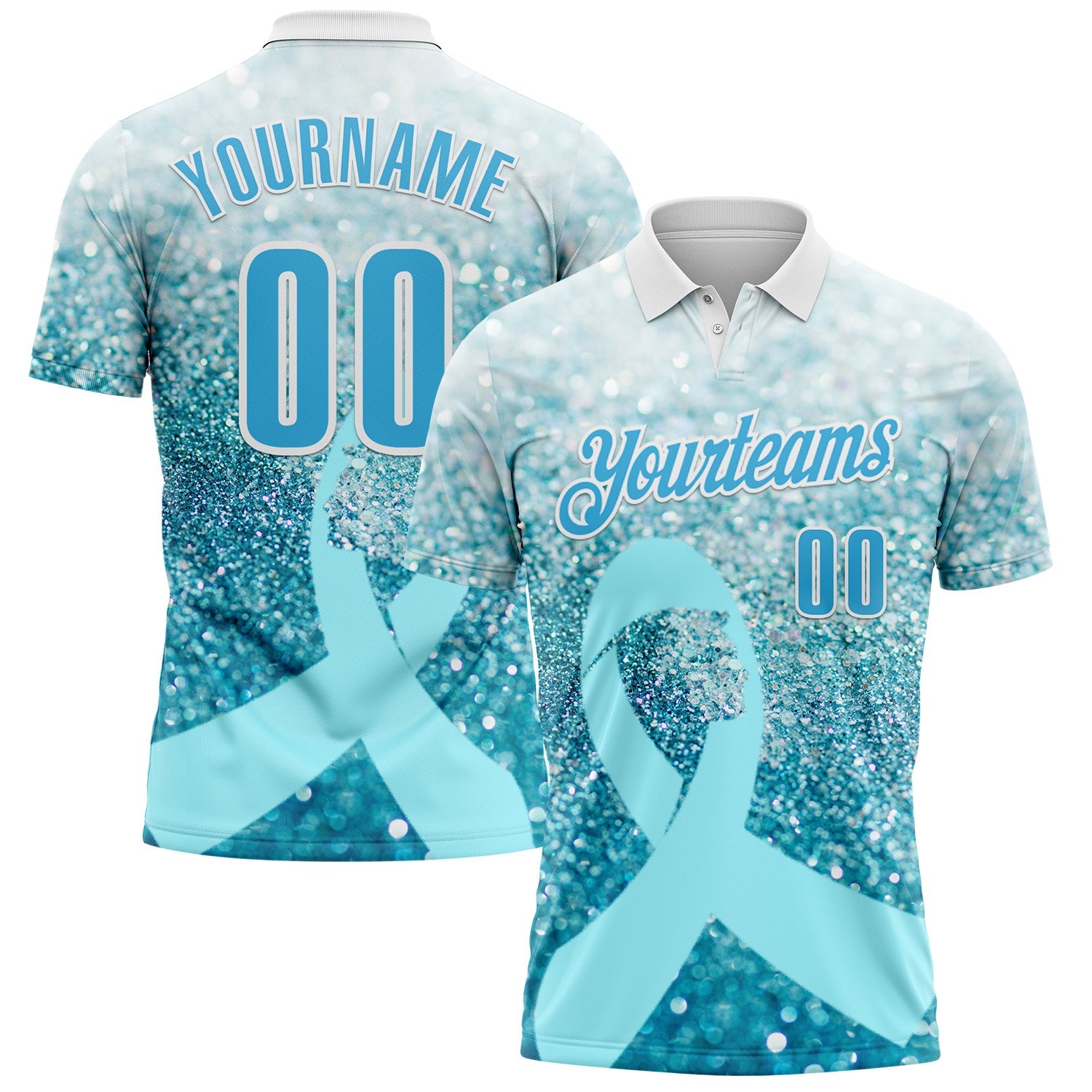 Custom White Sky Blue 3D Pattern Design Light Blue Ribbon Prostate Cancer Awareness Sprinkle Performance Polo Shirt