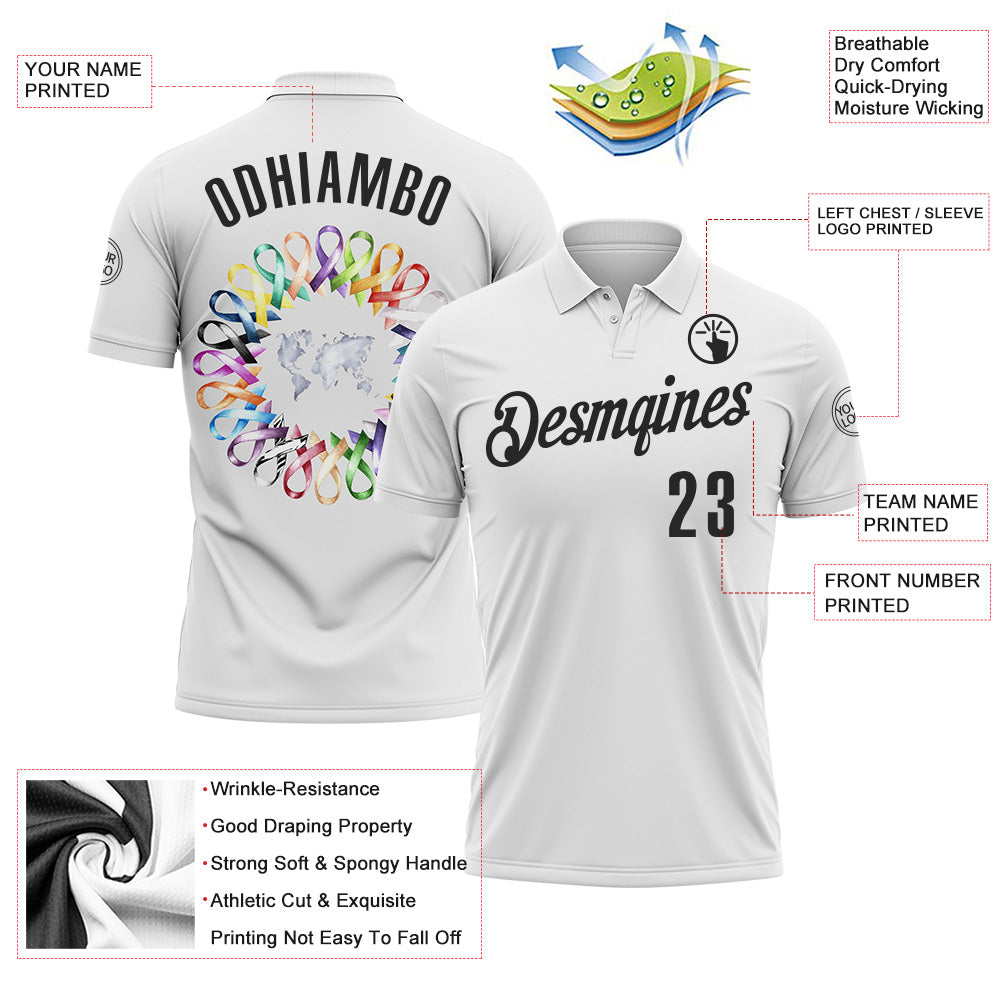 Custom White Black 3D Pattern Design Ribbon Cancer Awareness World Cancer Day Performance Polo Shirt