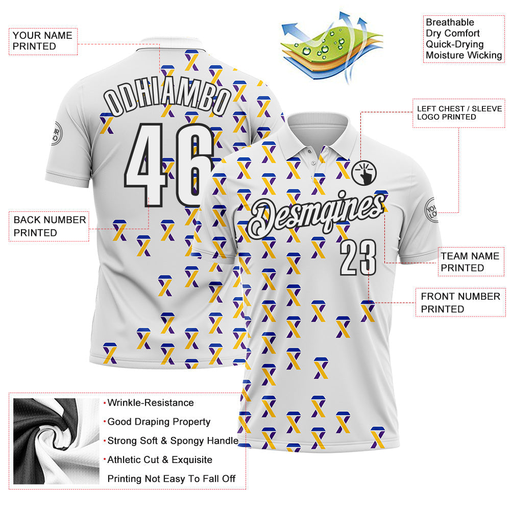 Custom White Black 3D Pattern Design Yellow Purple And Navy Ribbon Bladder Cancer Awareness Performance Polo Shirt