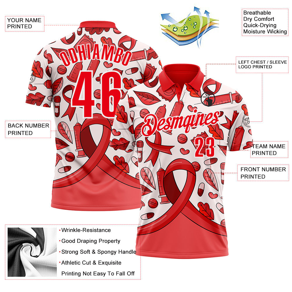 Custom Fire Red White 3D Pattern Design Red Ribbon Blood Cancer Cancer Awareness Performance Polo Shirt