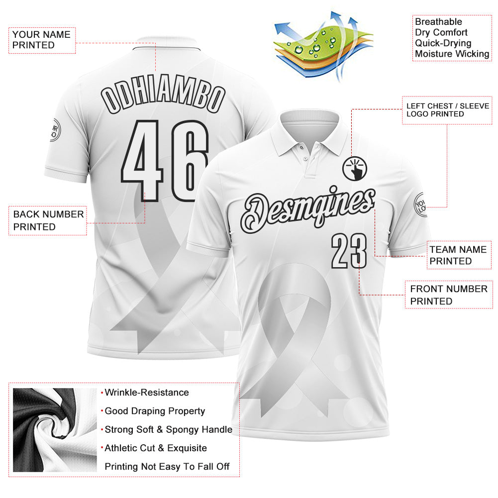 Custom White Black 3D Pattern Design Pear White Ribbon Lung Cancer Cancer Awareness Performance Polo Shirt