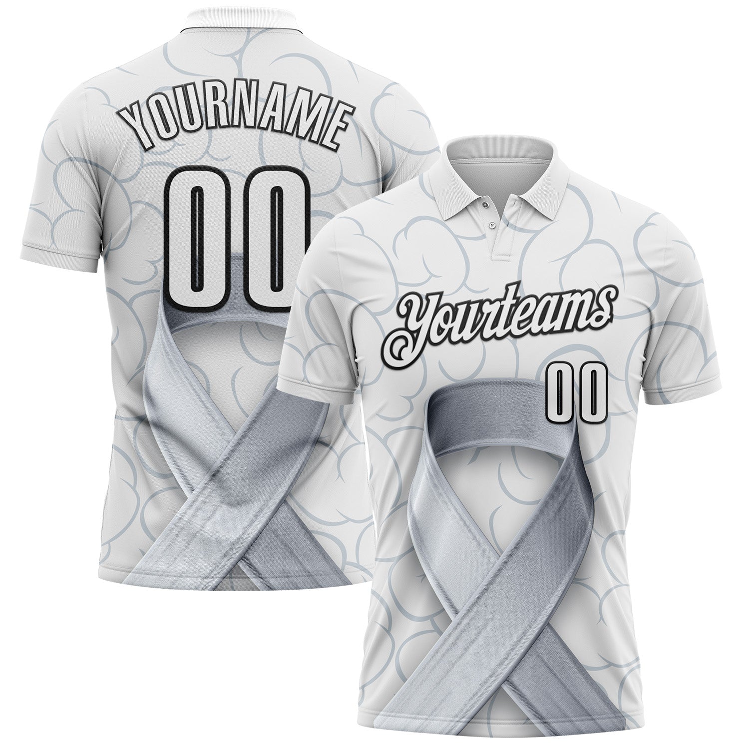 Custom White Black 3D Pattern Design Gray Ribbon Brain Cancer Cancer Awareness Performance Polo Shirt