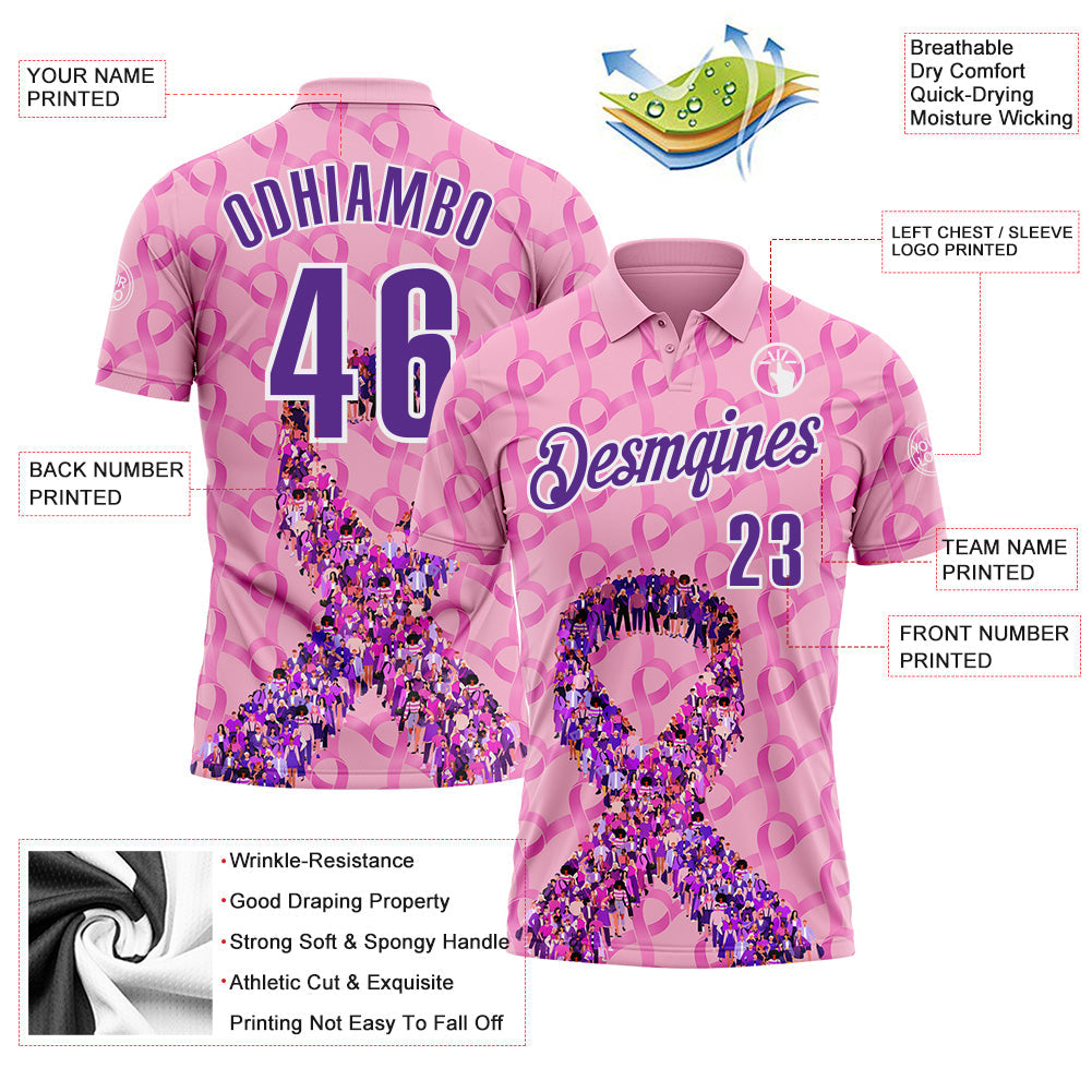 Custom Light Pink Purple-White 3D Pink Ribbon Breast Cancer Awareness Performance Polo Shirt