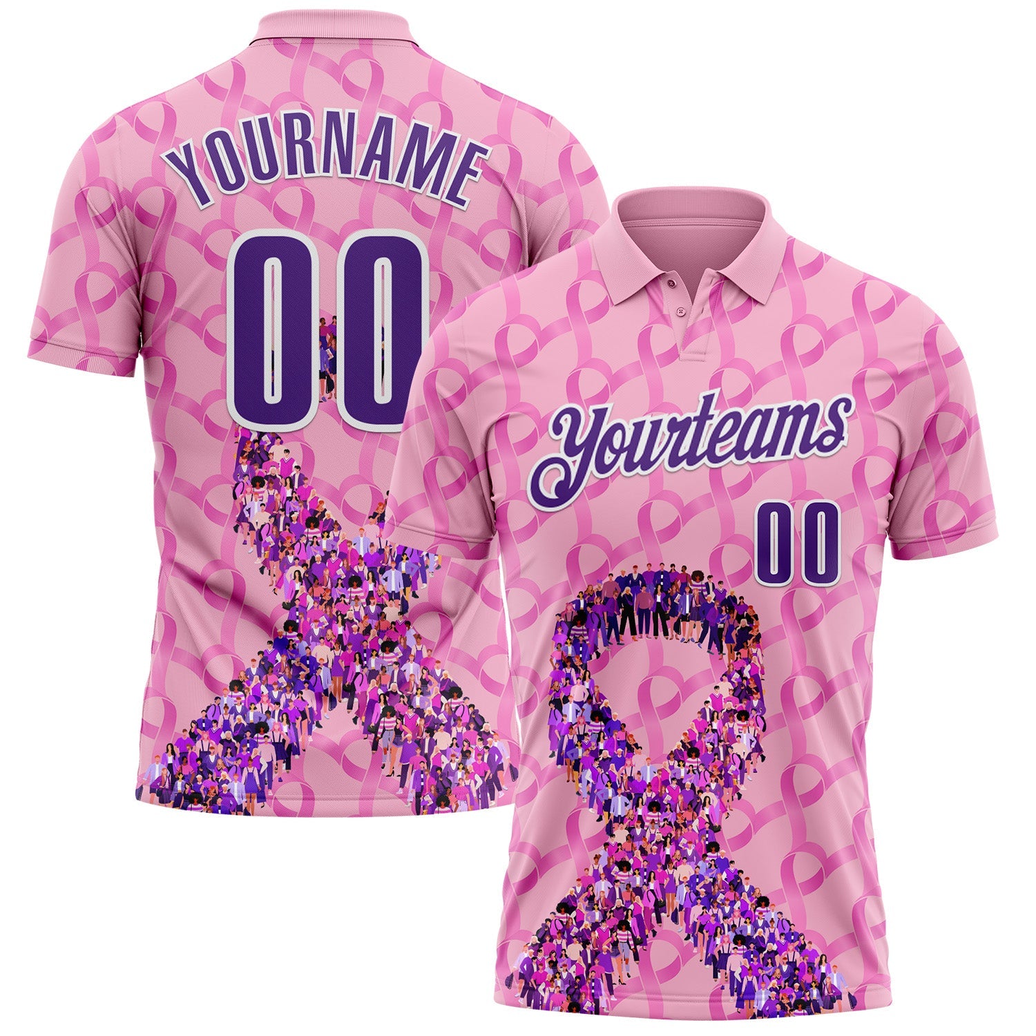 Custom Light Pink Purple-White 3D Pink Ribbon Breast Cancer Awareness Performance Polo Shirt