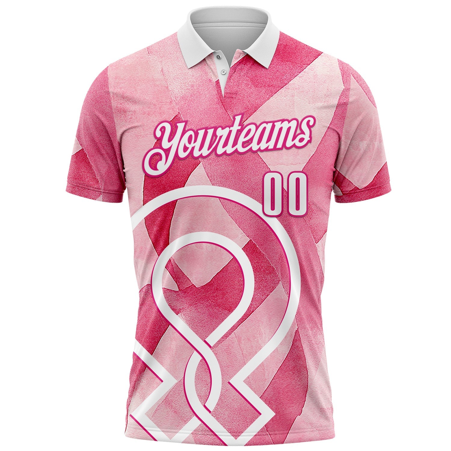 Custom Pink White-Hot Pink 3D Pink Ribbon Breast Cancer Awareness Performance Polo Shirt