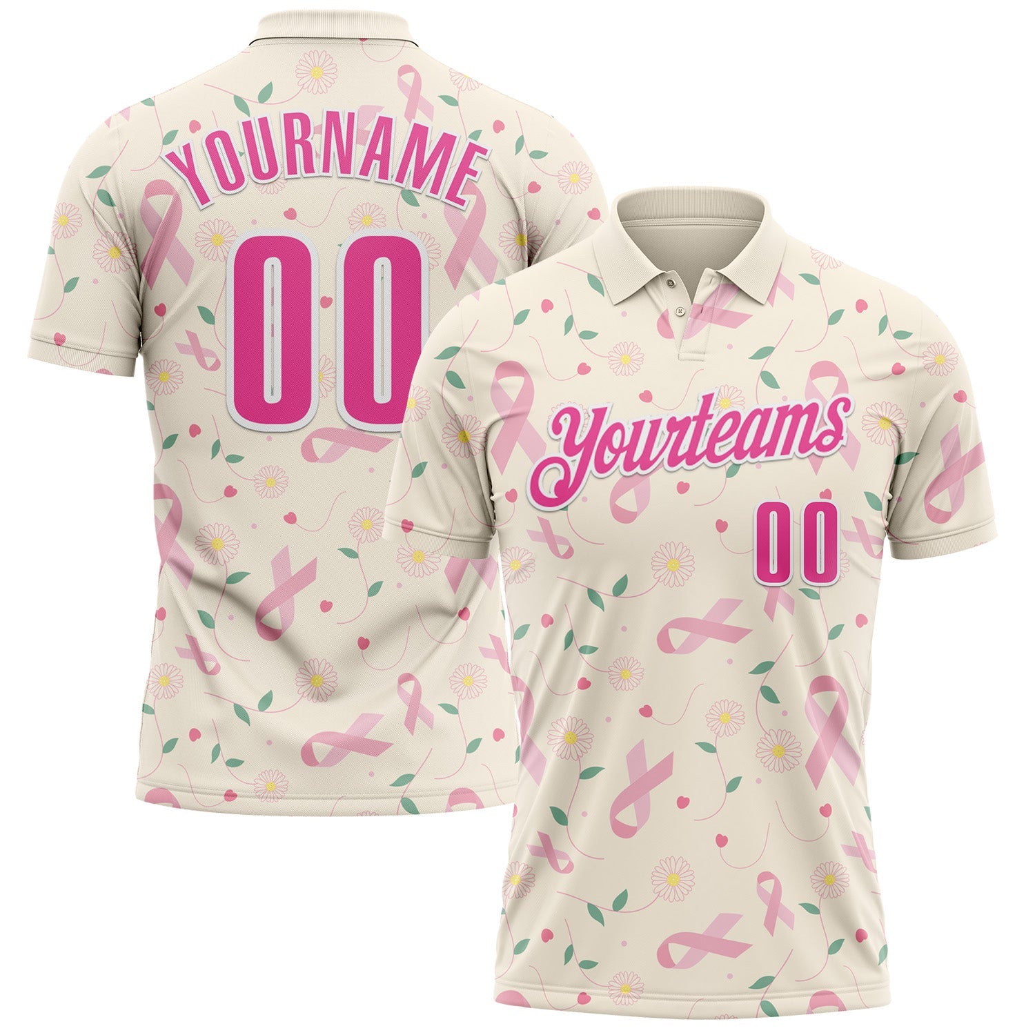 Custom Cream Pink-White 3D Pink Ribbon Breast Cancer Awareness Floral Performance Polo Shirt