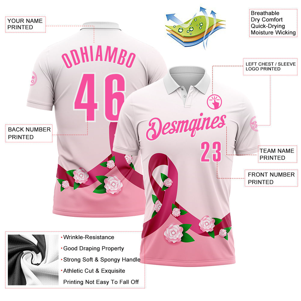 Custom White Pink 3D Pink Ribbon Breast Cancer Awareness Floral Performance Polo Shirt
