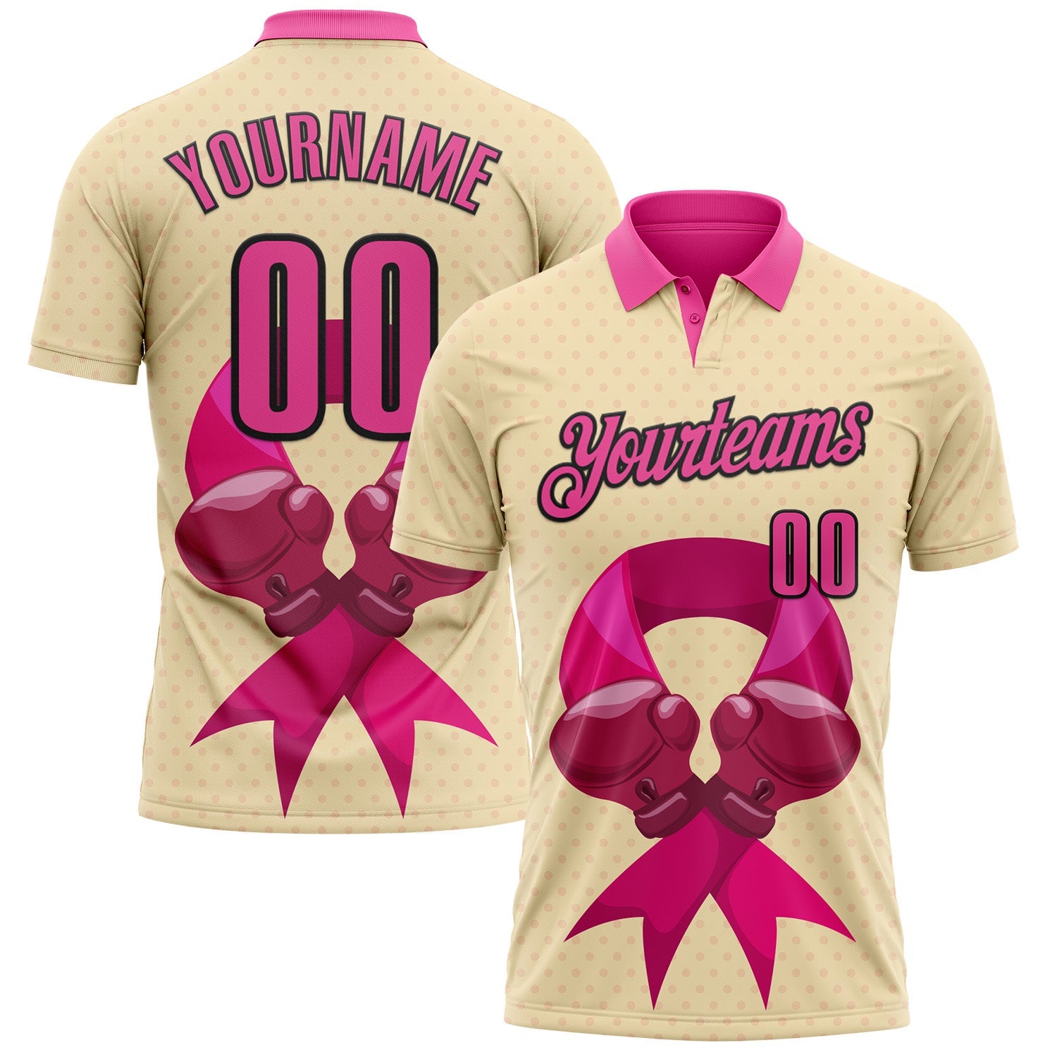 Custom Cream Pink-Black 3D Pink Ribbon Breast Cancer Awareness Fighter Boxing Gloves Performance Polo Shirt