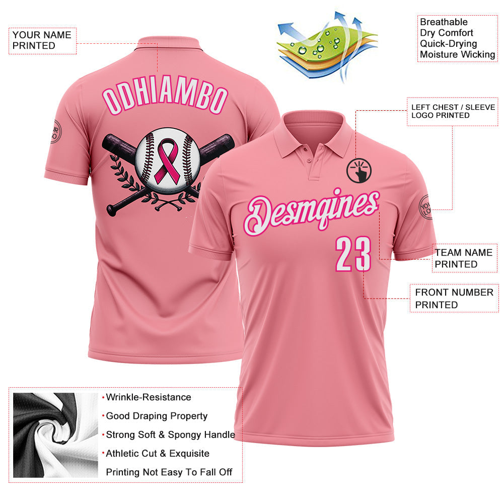 Custom Medium Pink White-Hot Pink 3D Pink Ribbon Breast Cancer Awareness Baseball Performance Polo Shirt