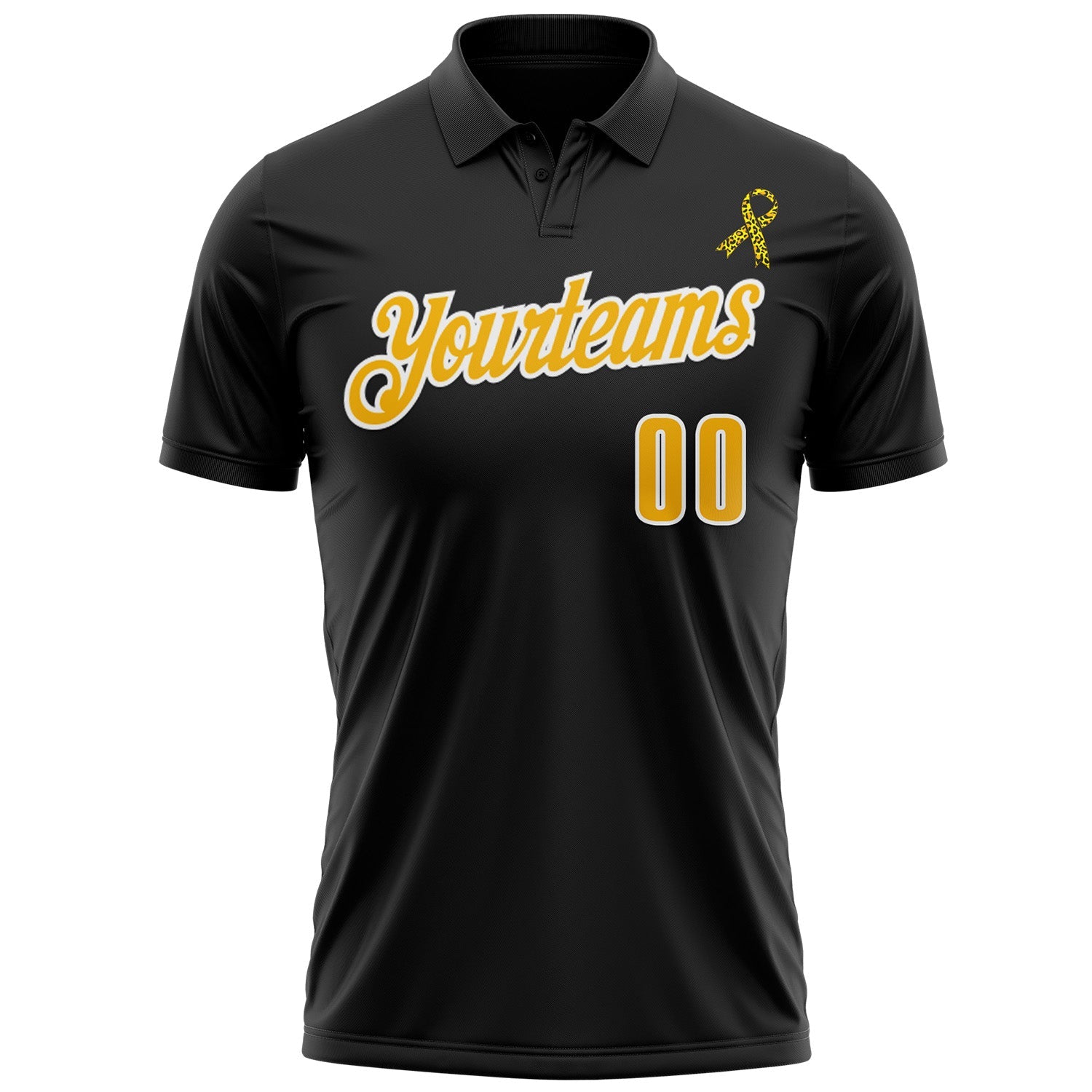 Custom Black Gold-White 3D Pattern Design Yellow Ribbon Bone Cancer Awareness Leopard Pattern Football Performance Polo Shirt