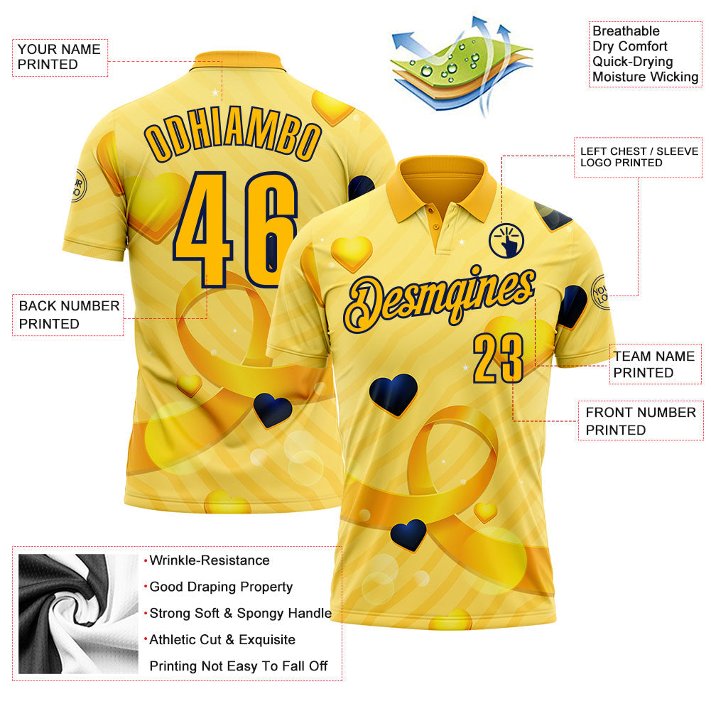 Custom Gold Navy 3D Pattern Design Yellow Ribbon Bone Cancer Awareness Performance Polo Shirt