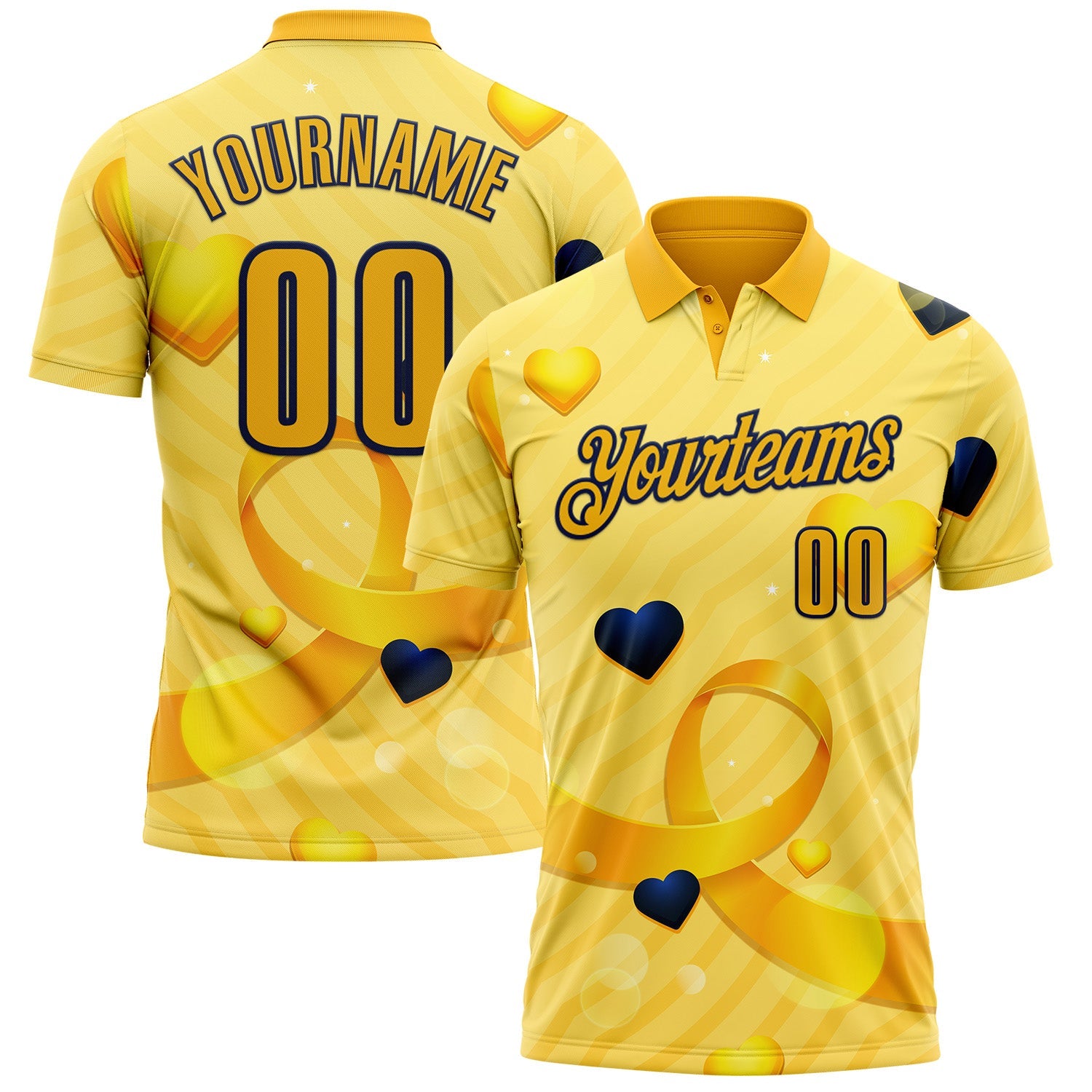 Custom Gold Navy 3D Pattern Design Yellow Ribbon Bone Cancer Awareness Performance Polo Shirt