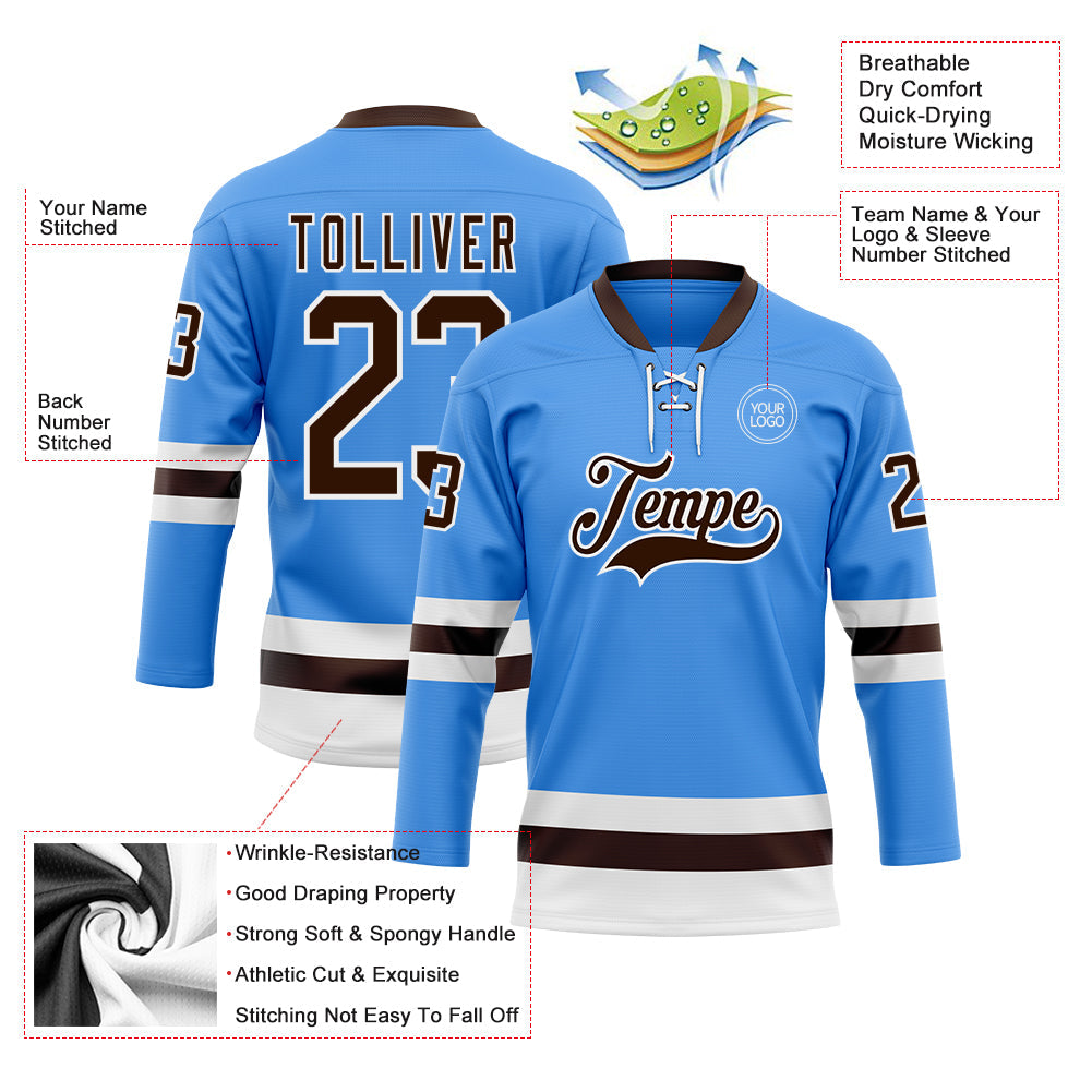 Custom Sky Blue Brown-White Hockey Lace Neck Jersey