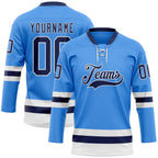 Custom Sky Blue Navy-White Hockey Lace Neck Jersey