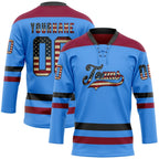 Custom Sky Blue Vintage USA Flag Black-Maroon Hockey Lace Neck Jersey