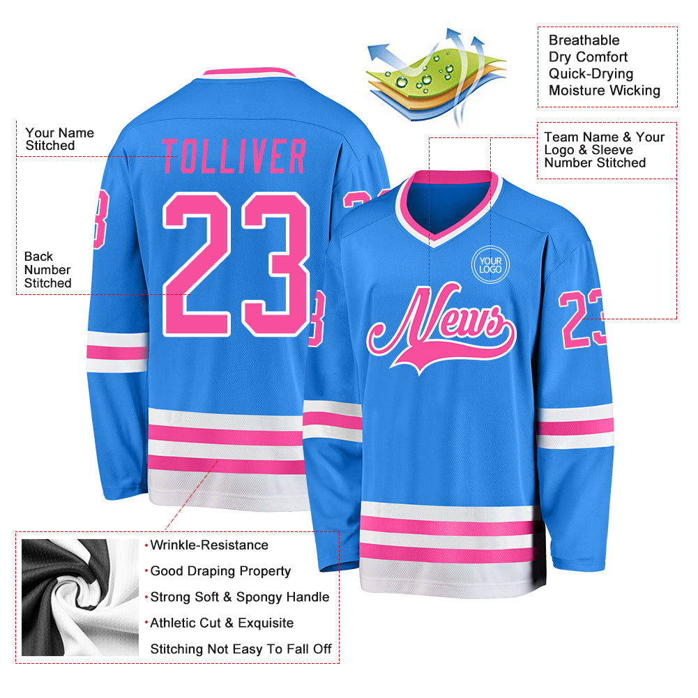 Custom Powder Blue Pink-White Hockey Jersey