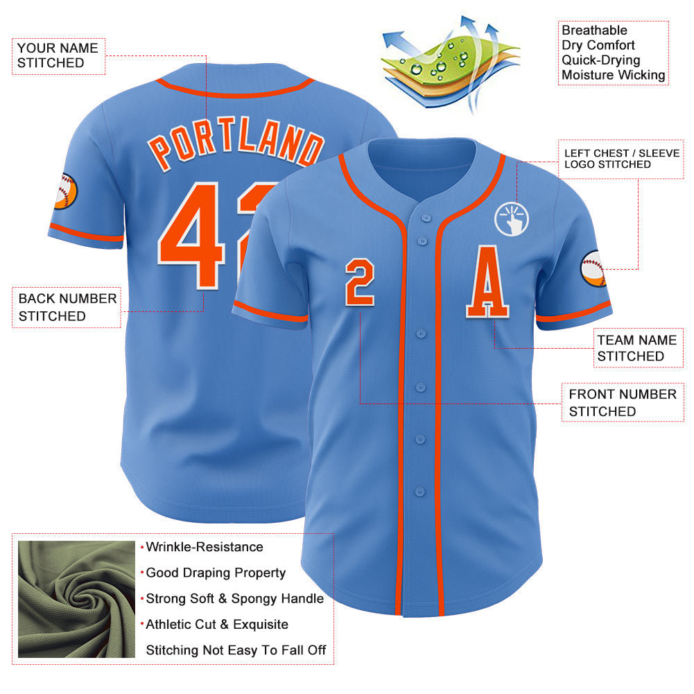 Custom Powder Blue Orange-White Authentic Baseball Jersey