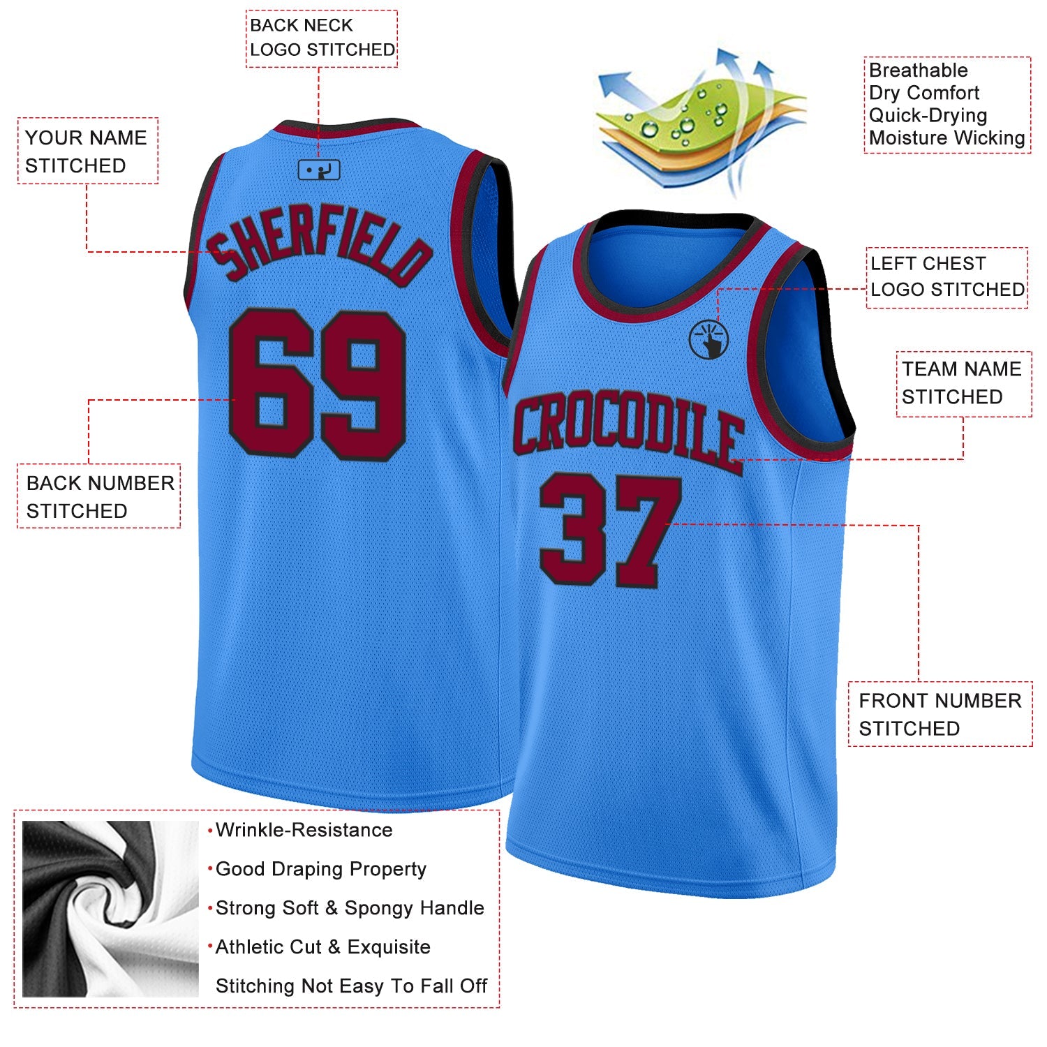 Custom Powder Blue Maroon-Black Authentic Basketball Jersey