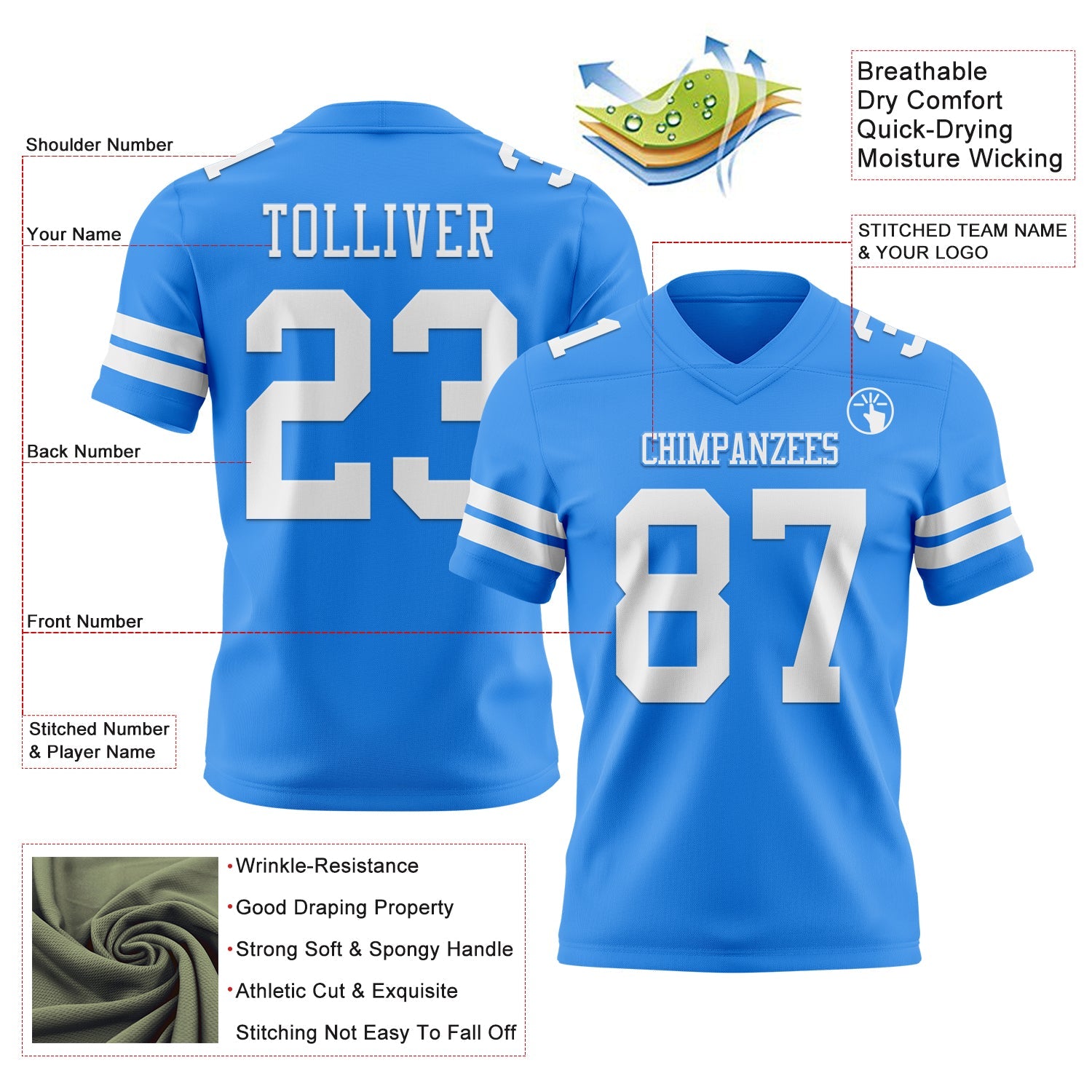 Custom Powder Blue White Authentic Football Jersey