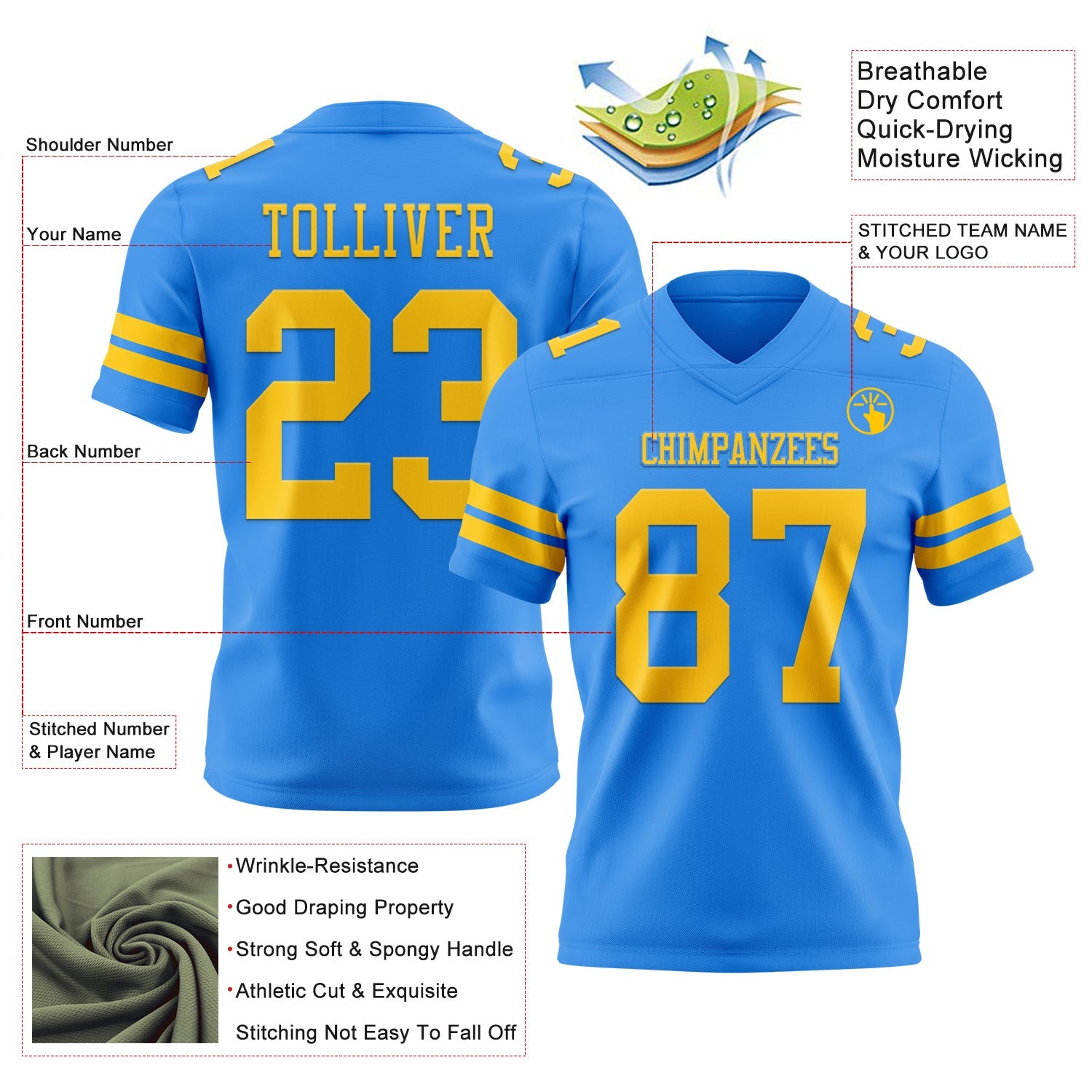 Custom Powder Blue Yellow Authentic Football Jersey
