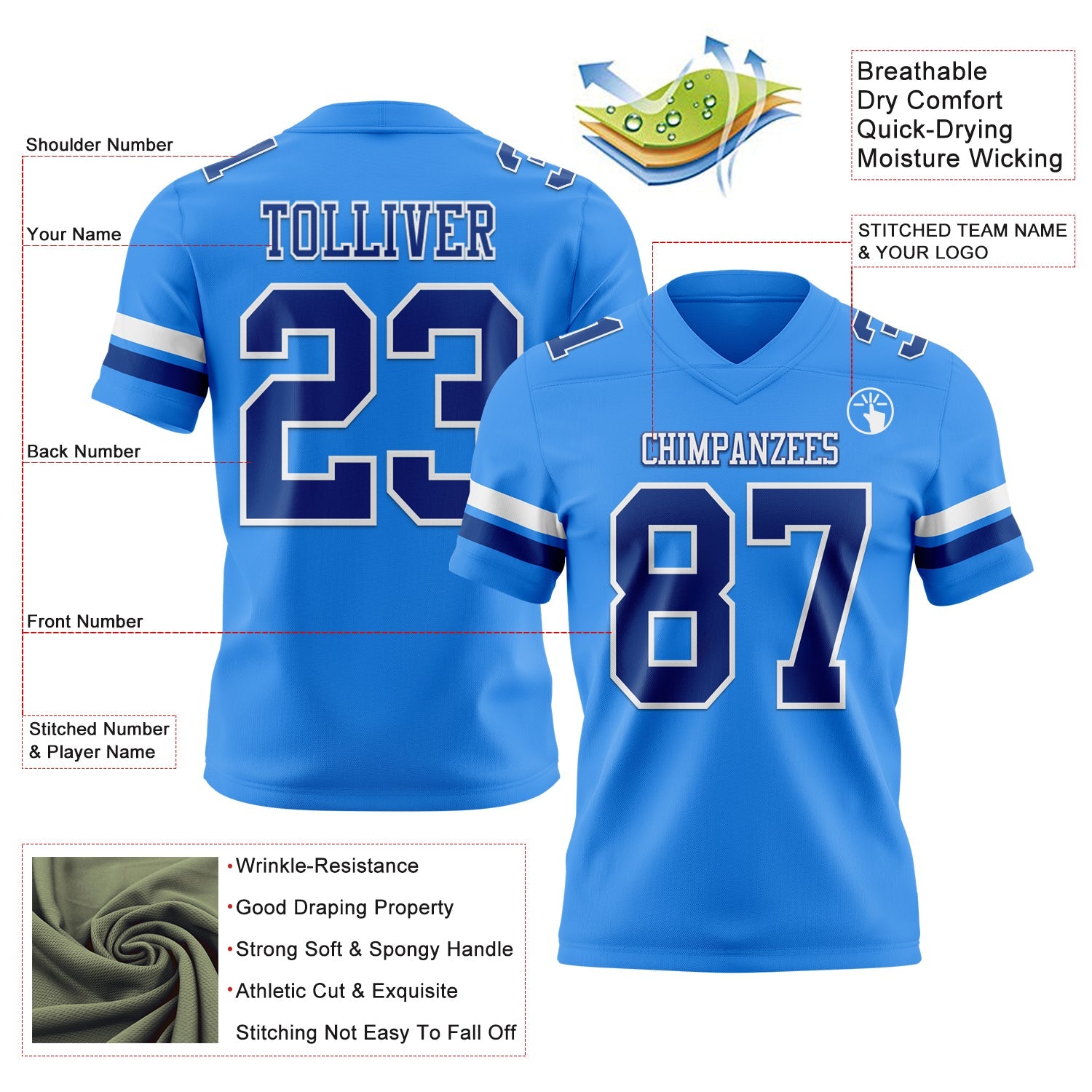 Custom Powder Blue Royal-White Authentic Football Jersey