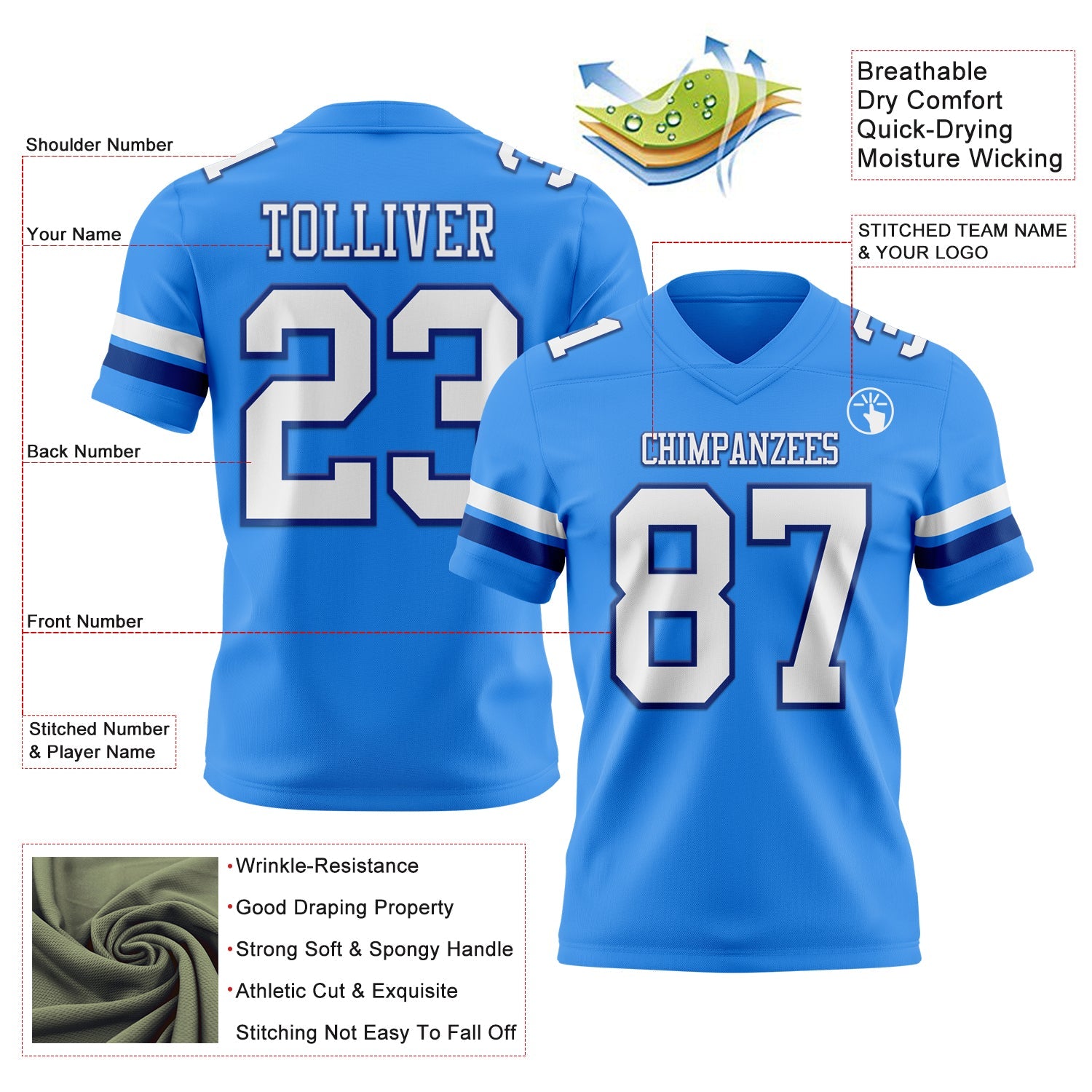 Custom Powder Blue White-Royal Authentic Football Jersey