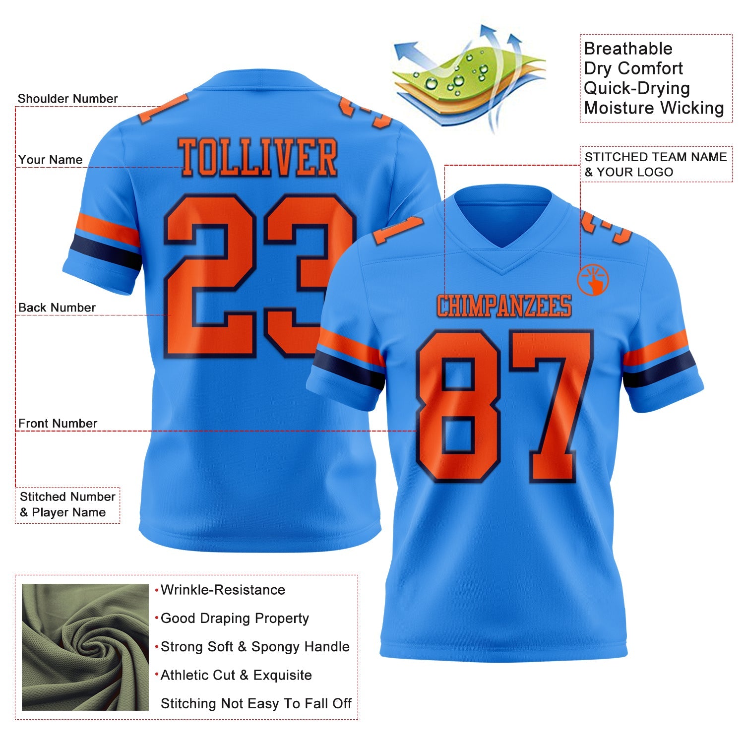 Custom Powder Blue Orange-Navy Authentic Football Jersey