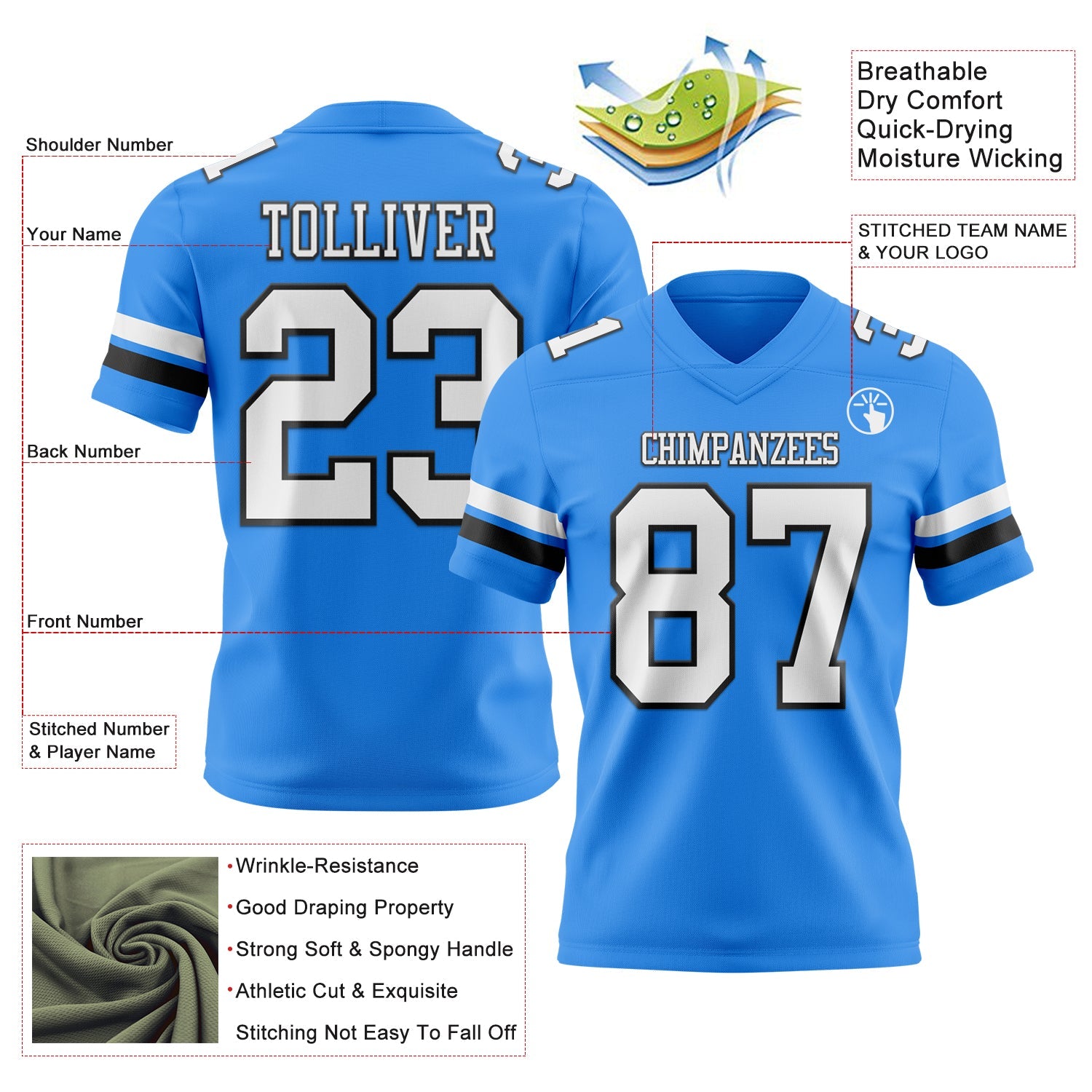 Custom Powder Blue White-Black Authentic Football Jersey