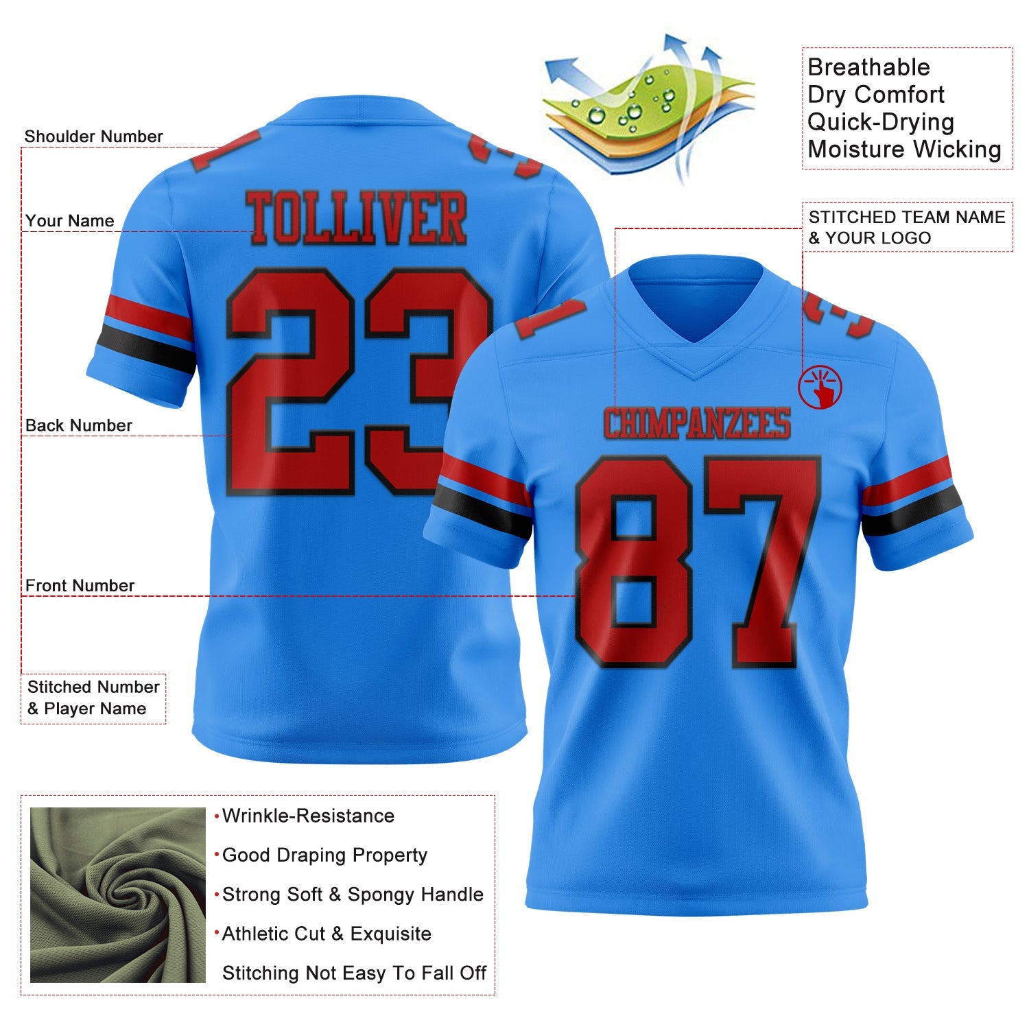 Custom Powder Blue Red-Black Authentic Football Jersey