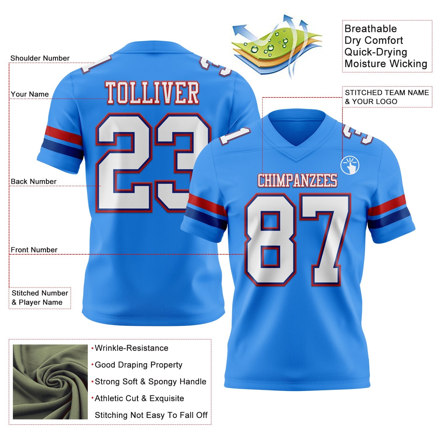 Custom Powder Blue White Royal-Red Authentic Football Jersey