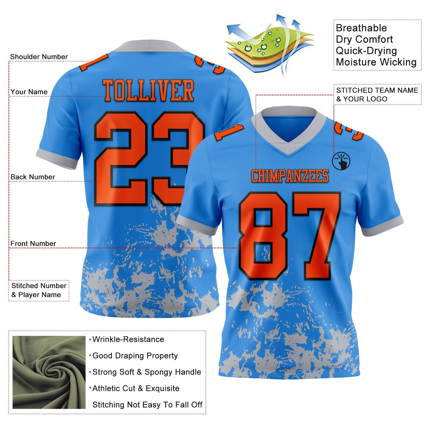Custom Powder Blue Orange Gray-Black 3D Pattern Splash Authentic Football Jersey